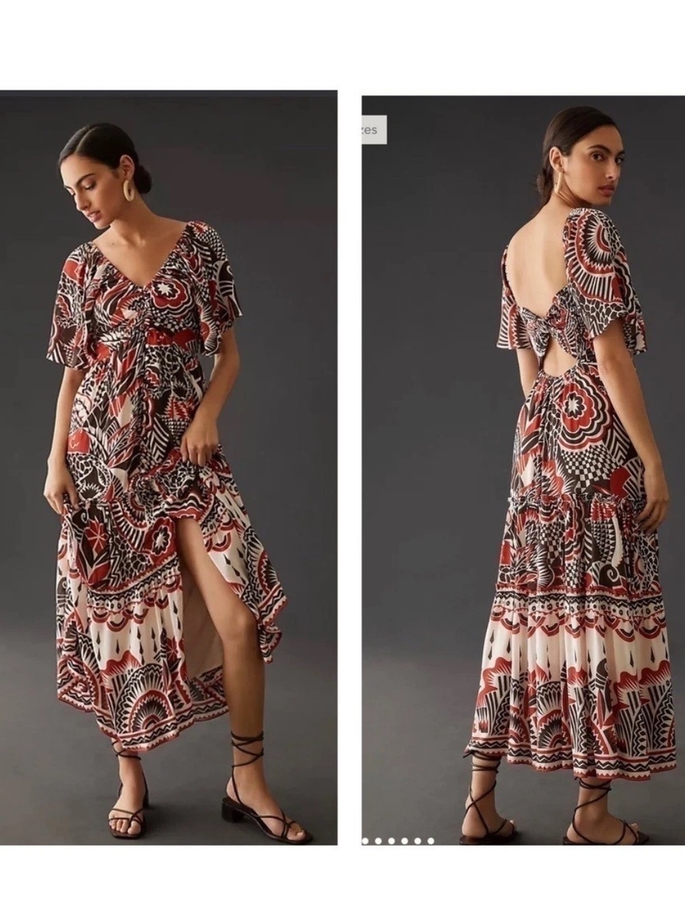 Anthropologie Geometric Boho Maxi Dress Medium M Cutout Back Flutter Sleeve - Picture 2 of 8